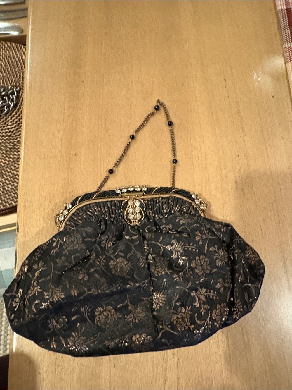 Vintage-Inspired Black & Gold Brocade Evening Bag